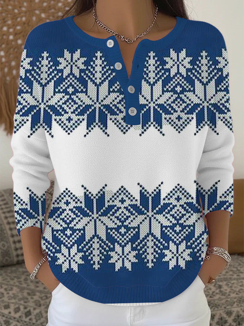 Dámské klasické červené sněhové vločky henley svetr