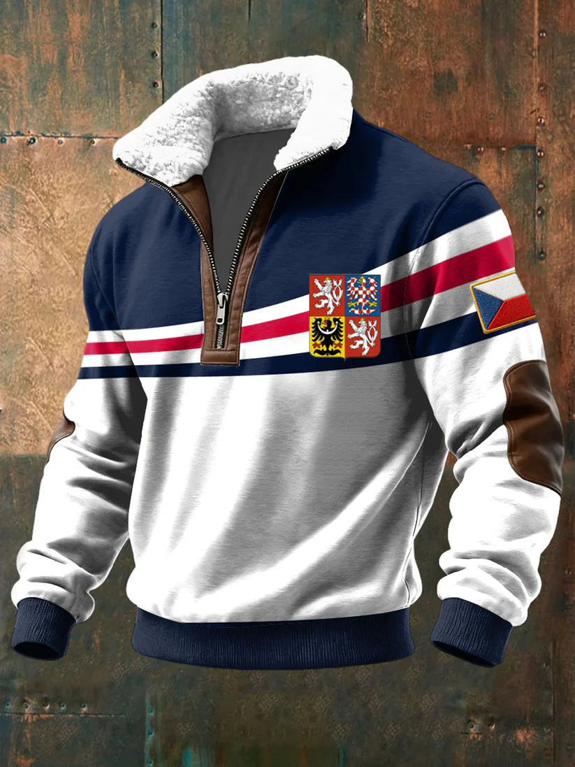 Retro flag emblem casual shearling zipup hoodie