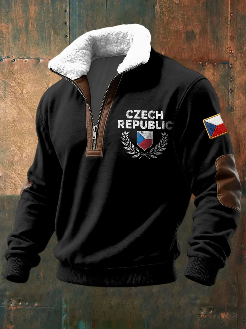 Retro vlajka patchwork shearling zipper pullover