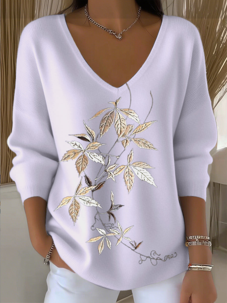 Dámský svetr s v-neck vyšívaný s béžovými listy