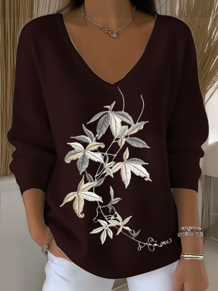Dámské european style white vneck sweater with charming leaf embroidery trendy and comfortable easy to create daily looks