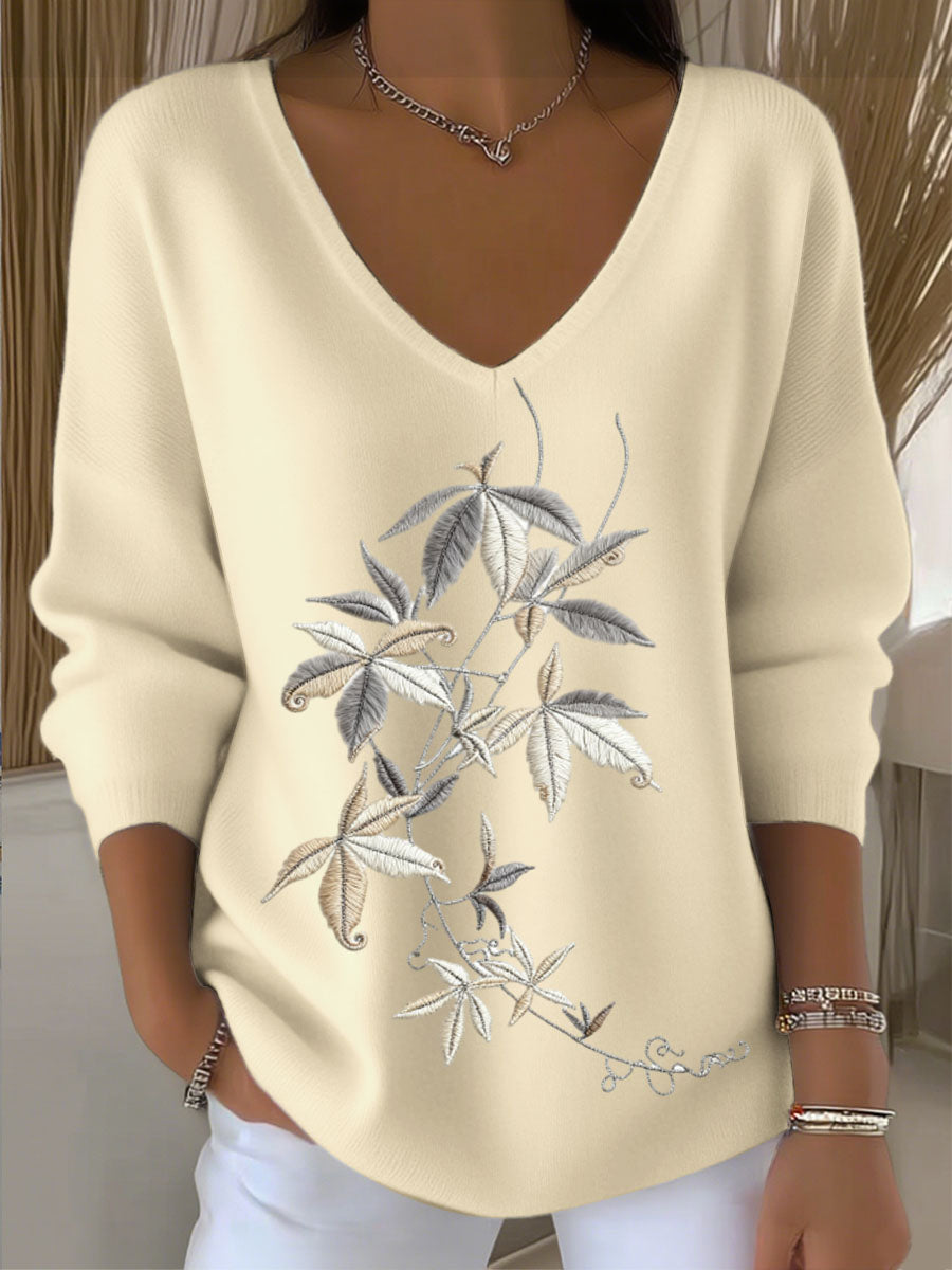 Dámské european style white vneck sweater with charming leaf embroidery trendy and comfortable easy to create daily looks