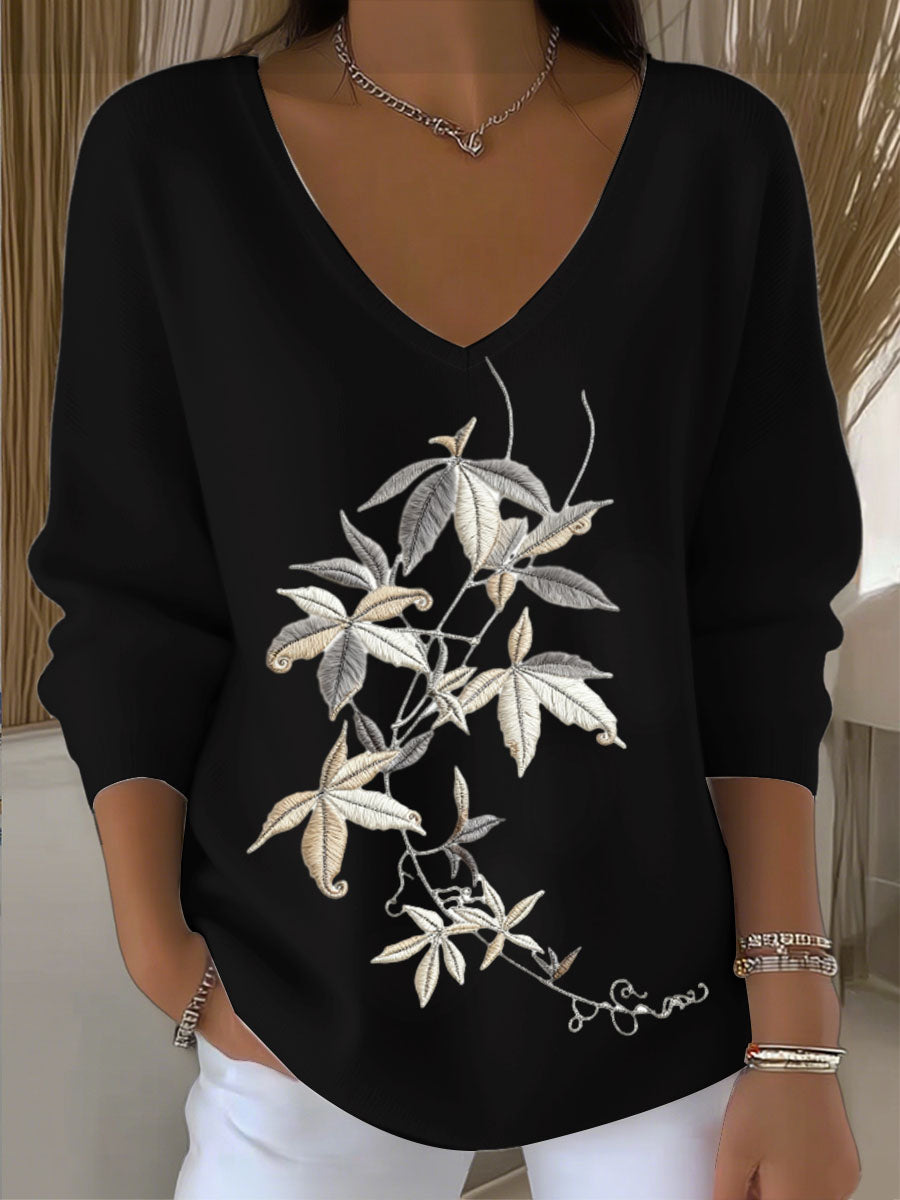 Dámské european style white vneck sweater with charming leaf embroidery trendy and comfortable easy to create daily looks
