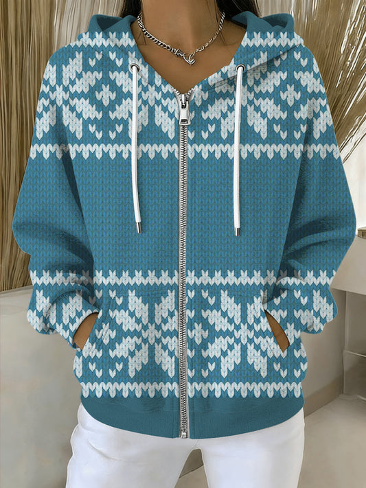 Dámské klasické modré a bílé vzor zipup hoodie