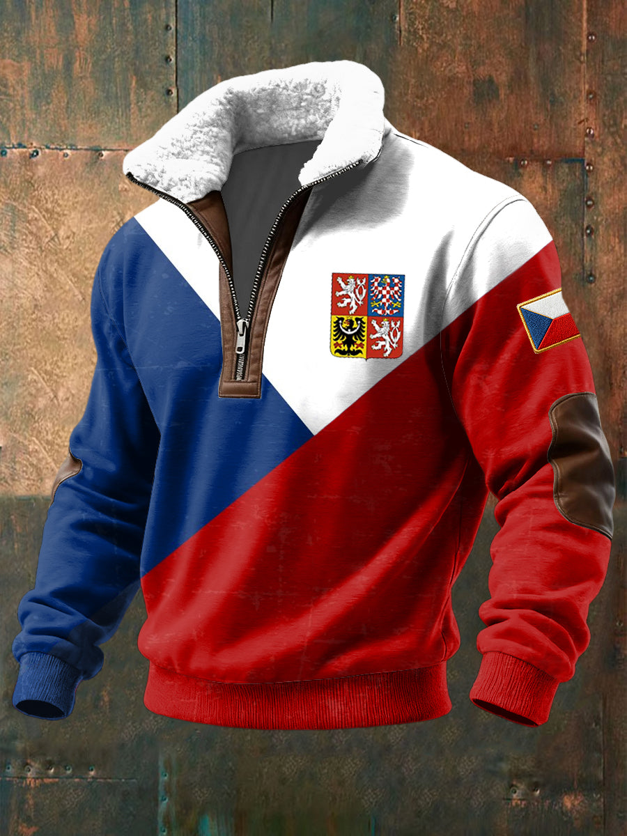 Retro vlajka patchwork shearling zipper pullover