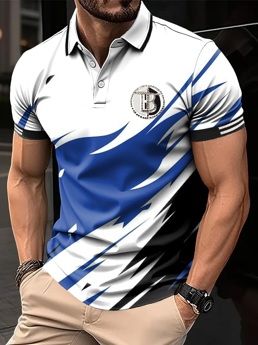 Pánské retro abstraktní geometrické patchwork art print casual business polo shirt