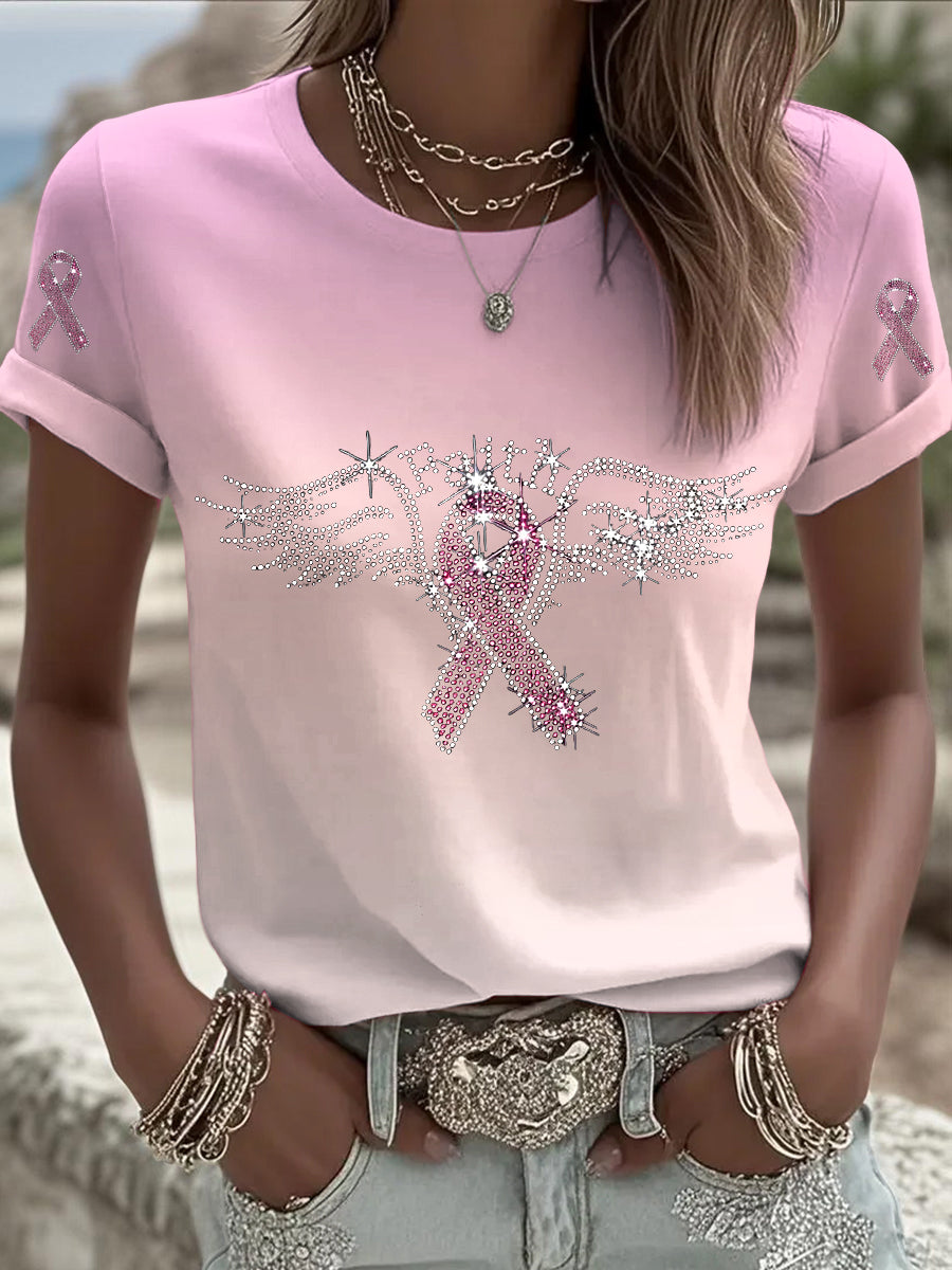 Dámské prsní rakovina stuha rhinestone příležitostné tričko