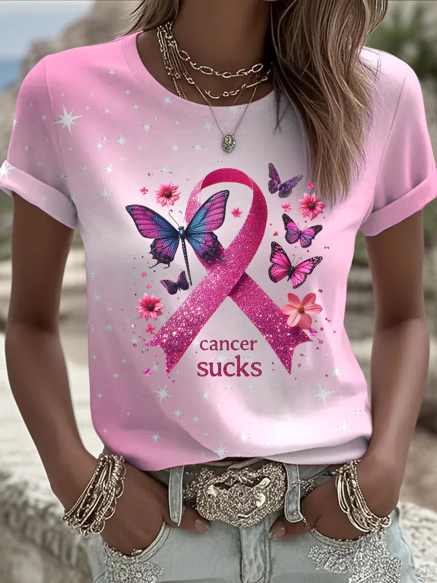 Women's breast cancer ribbon butterfly sequin print casual t-shirt