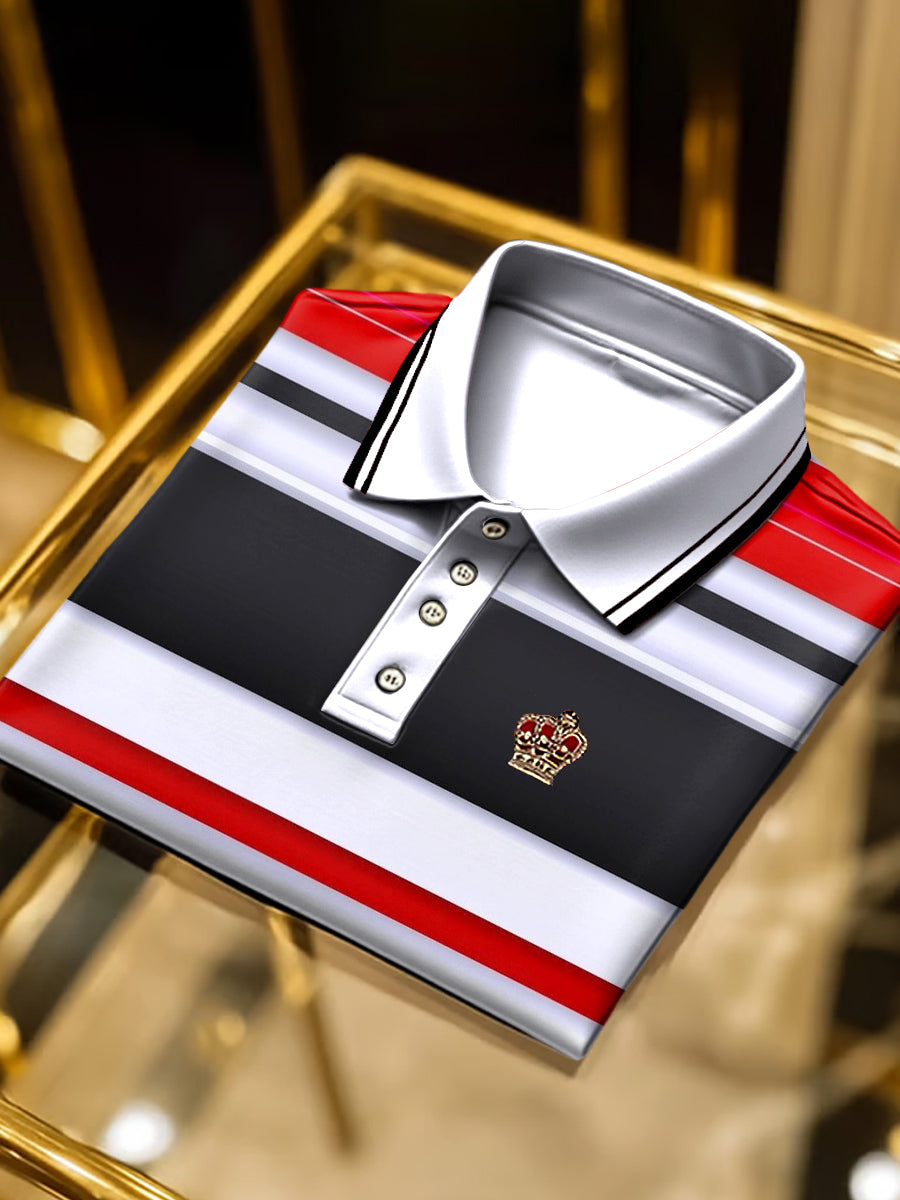 Retro umění barevný pruh tisk business krátký rukáv polo košile