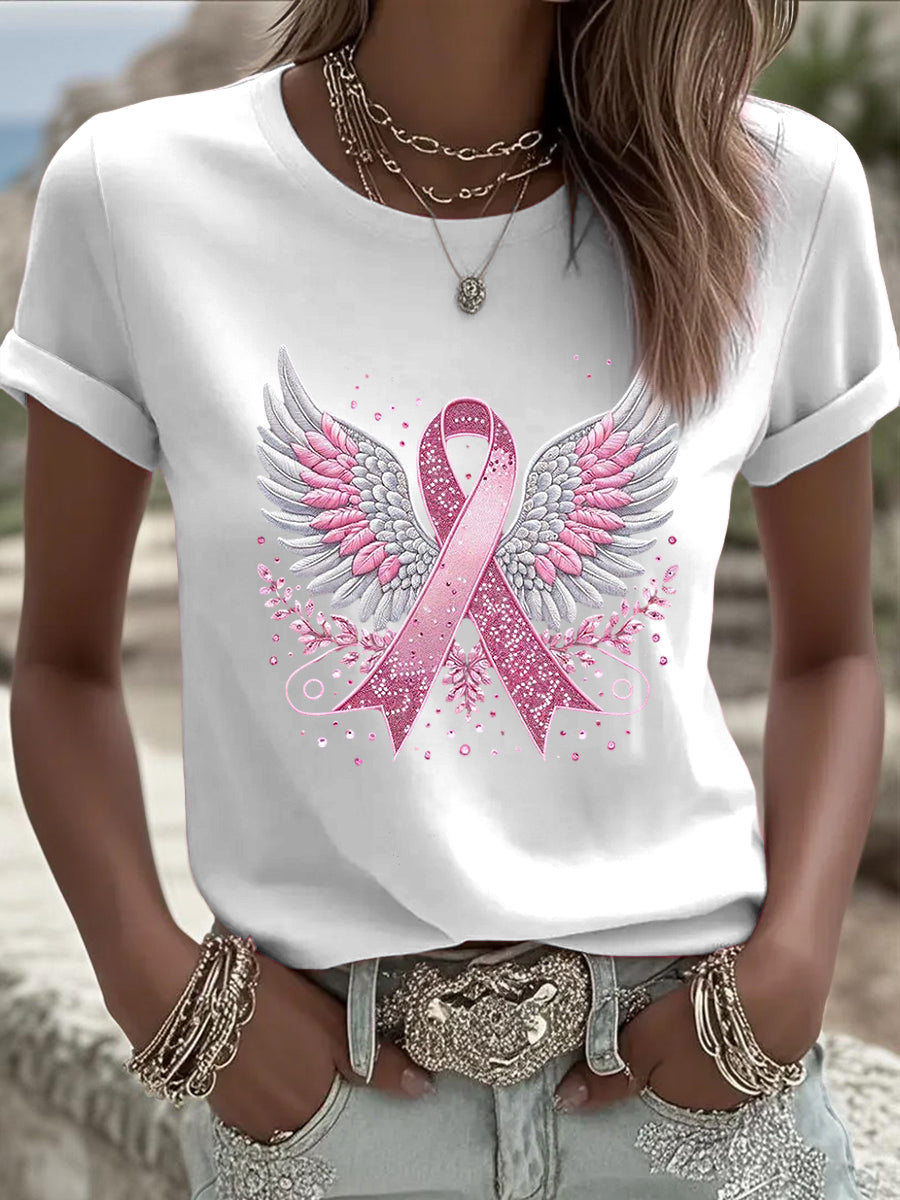 Women's breast cancer ribbon wings sequin print casual t-shirt