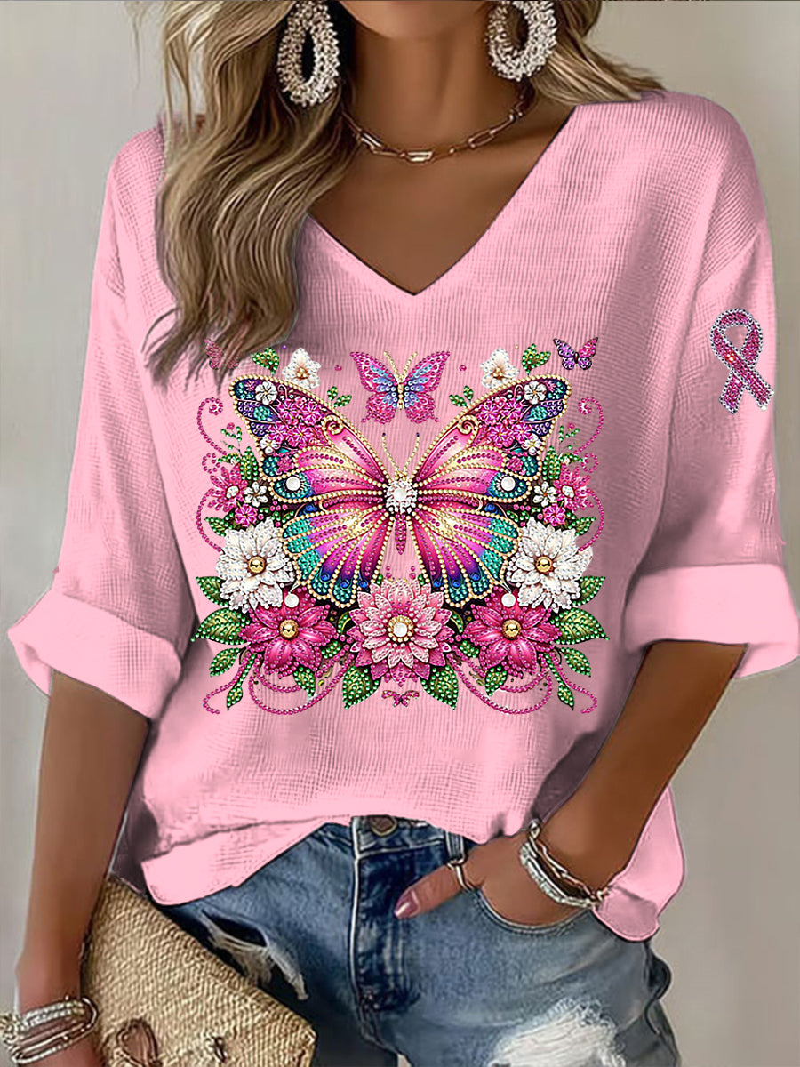 Dámské růžový motýl rhinestone v-neck top