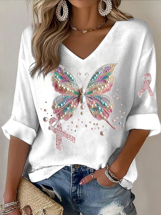 Dámské motýlie růžová stuha kamínka tisk neformální dlouhý rukáv t-shirt