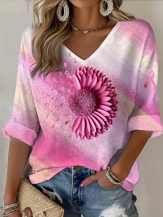 Dámské růžová stuha tisk casual dlouhý rukáv t-shirt