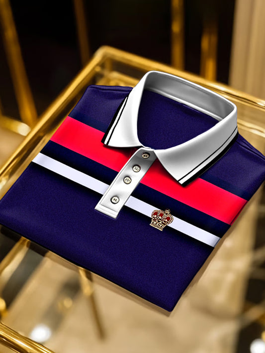 Retro umění barevný pruh tisk business krátký rukáv polo košile