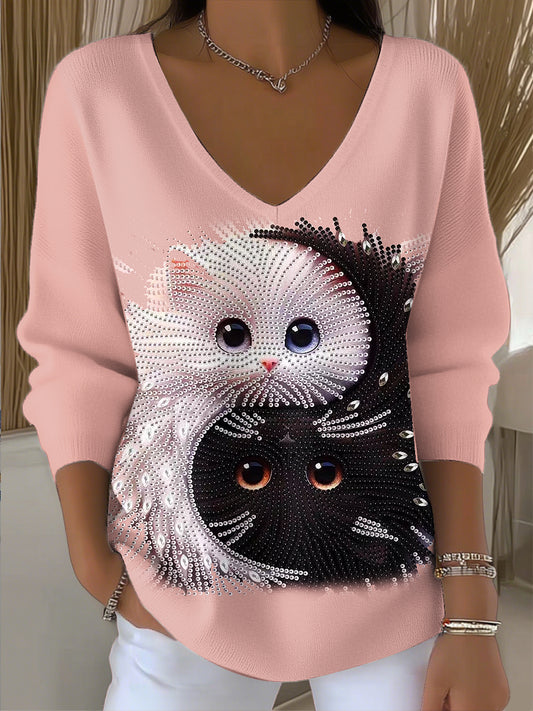 Dámské vintage-styl roztomilé kočky v-neck top