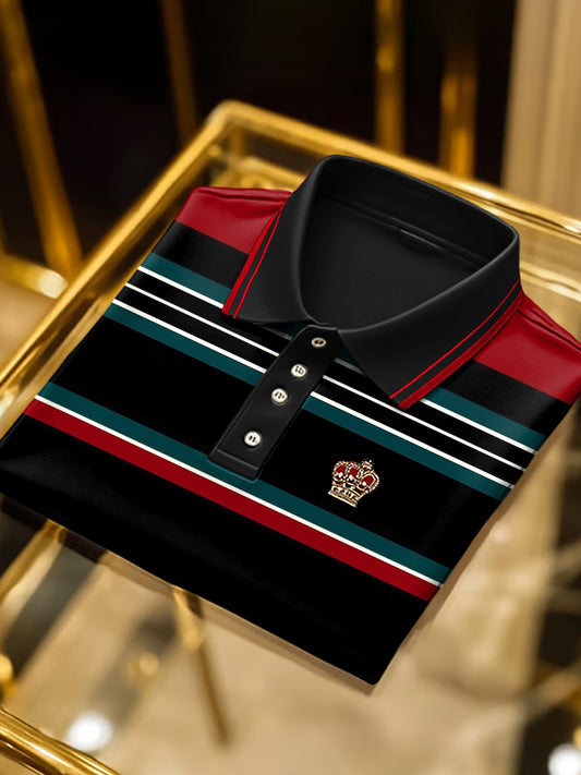 Retro art multicolor striped print business polo s krátkými rukávy