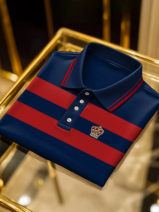 Retro art navy blue striped print business polo s krátkými rukávy