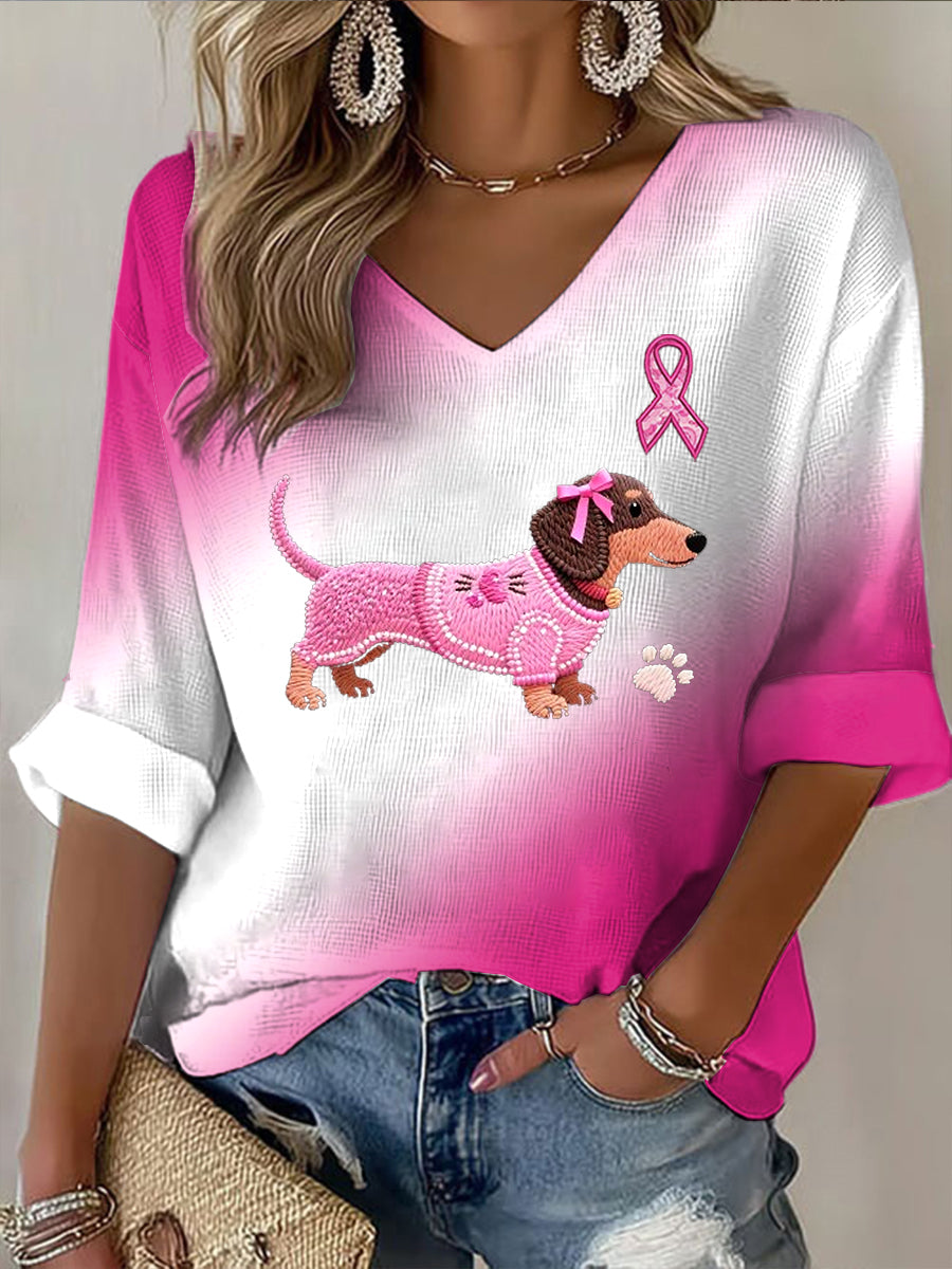 Dámské růžový dachshund tisk casual s dlouhými rukávy t-shirt