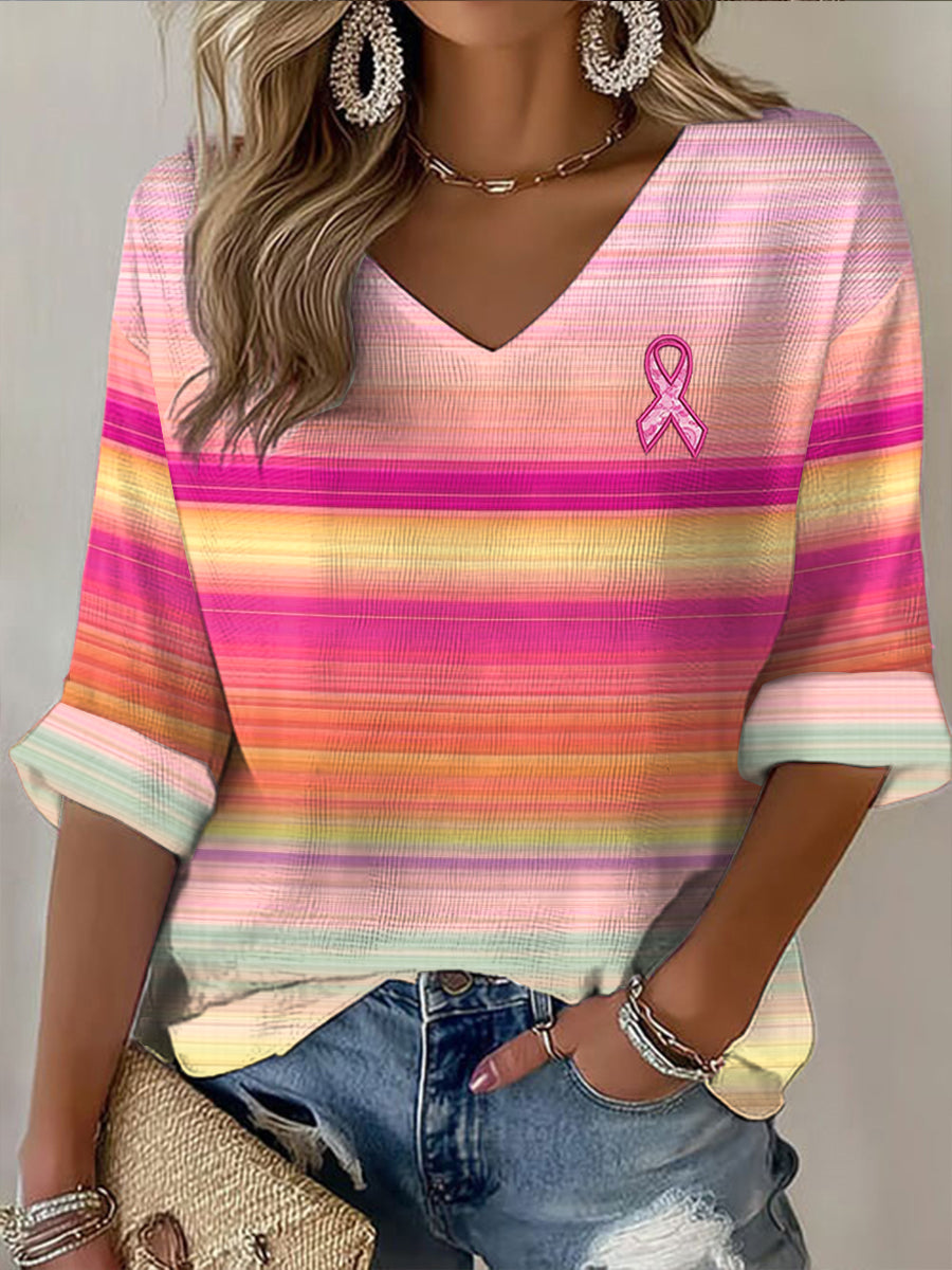 Dámské růžové pásky pruh tisk casual dlouhé rukávy t-shirt