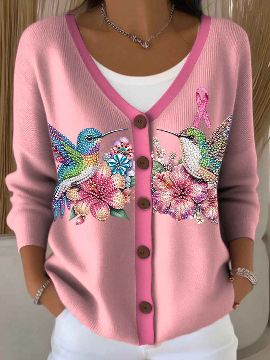 Dámské "wear pink in october" kolibřík v-neck pletené vesty