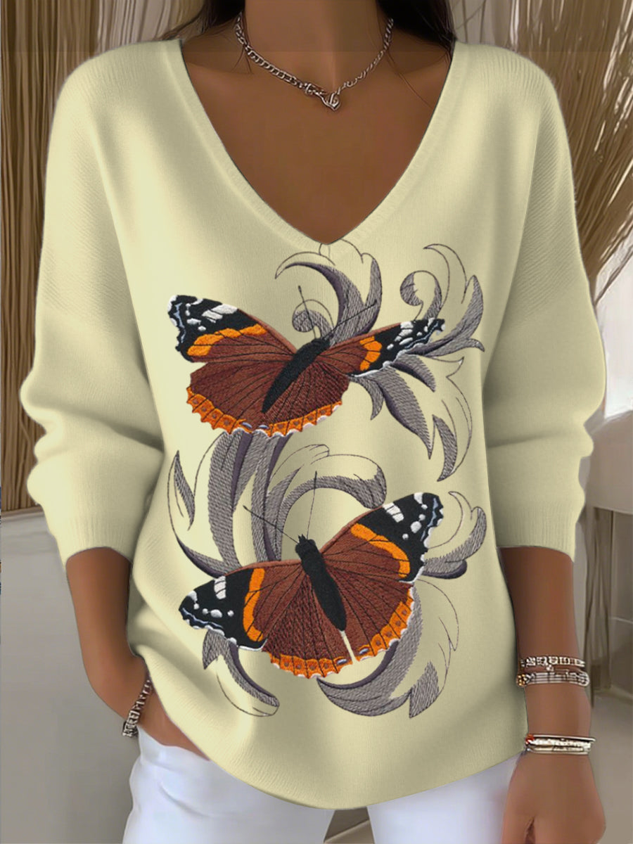 Dámské žluté motýle vyšívané v-neck svetr