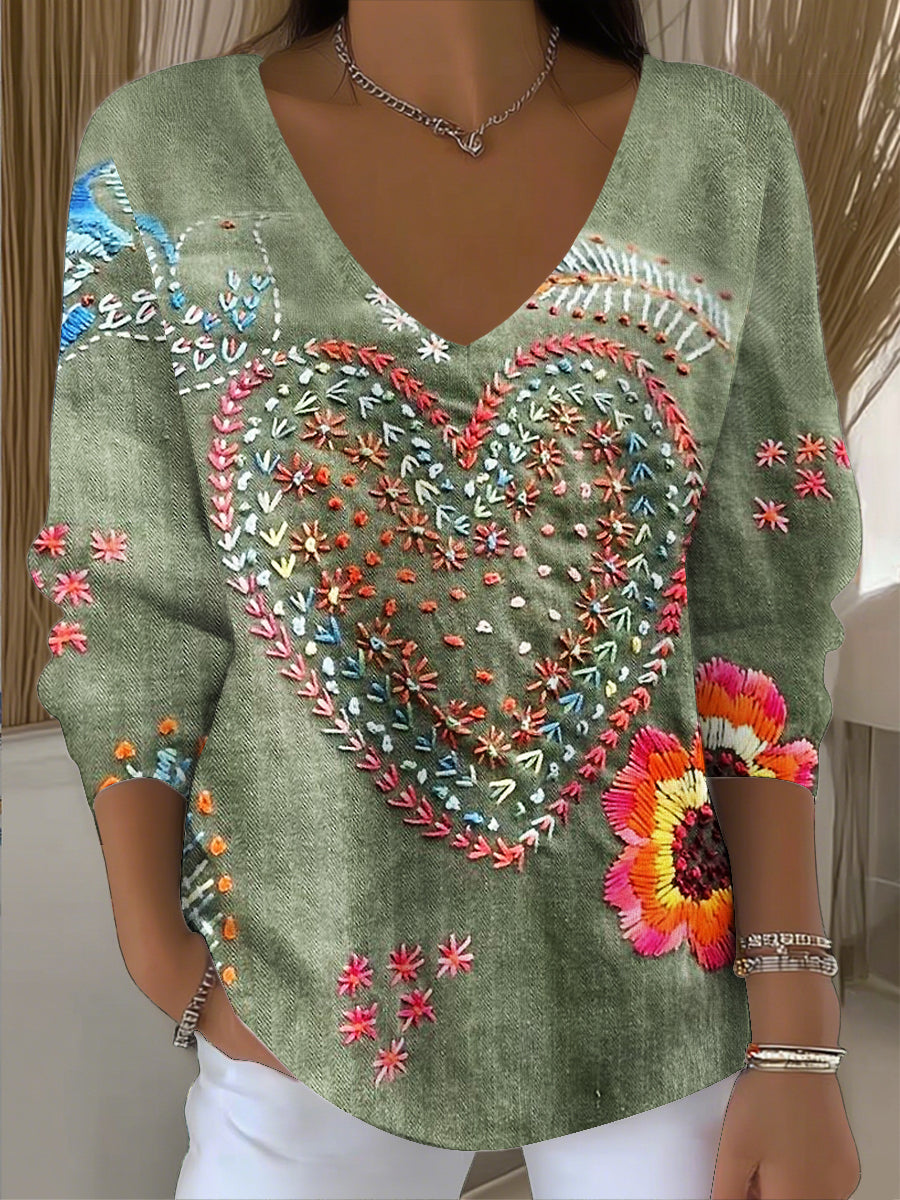 Women's vintage bohemian patchwork art v-neck top