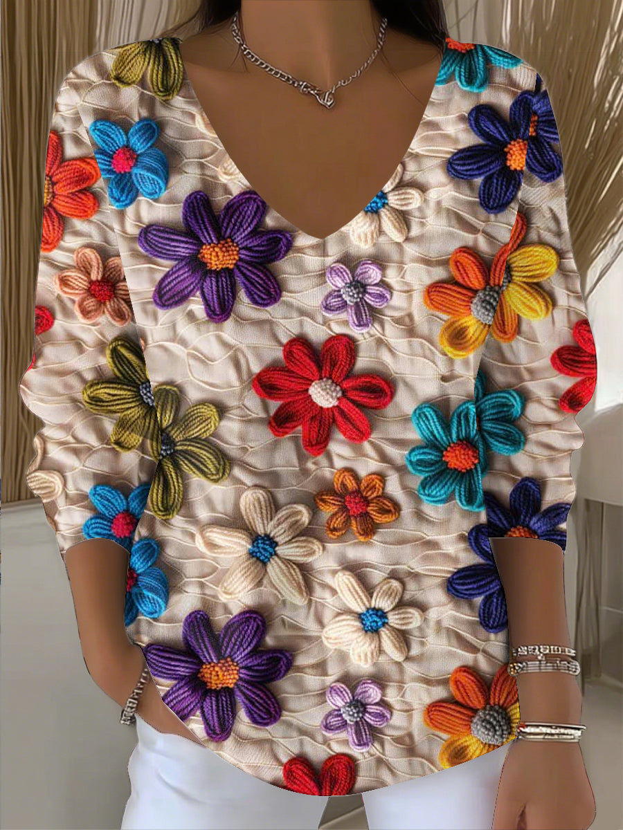 Women's vintage floral patchwork art v-neck top