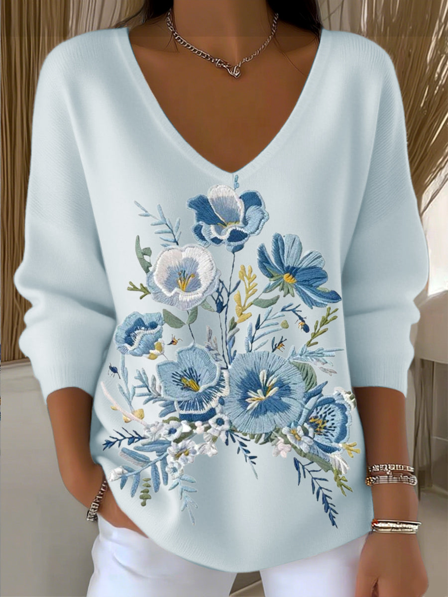 Dámské modré květinové vyšívané v-neck svetr