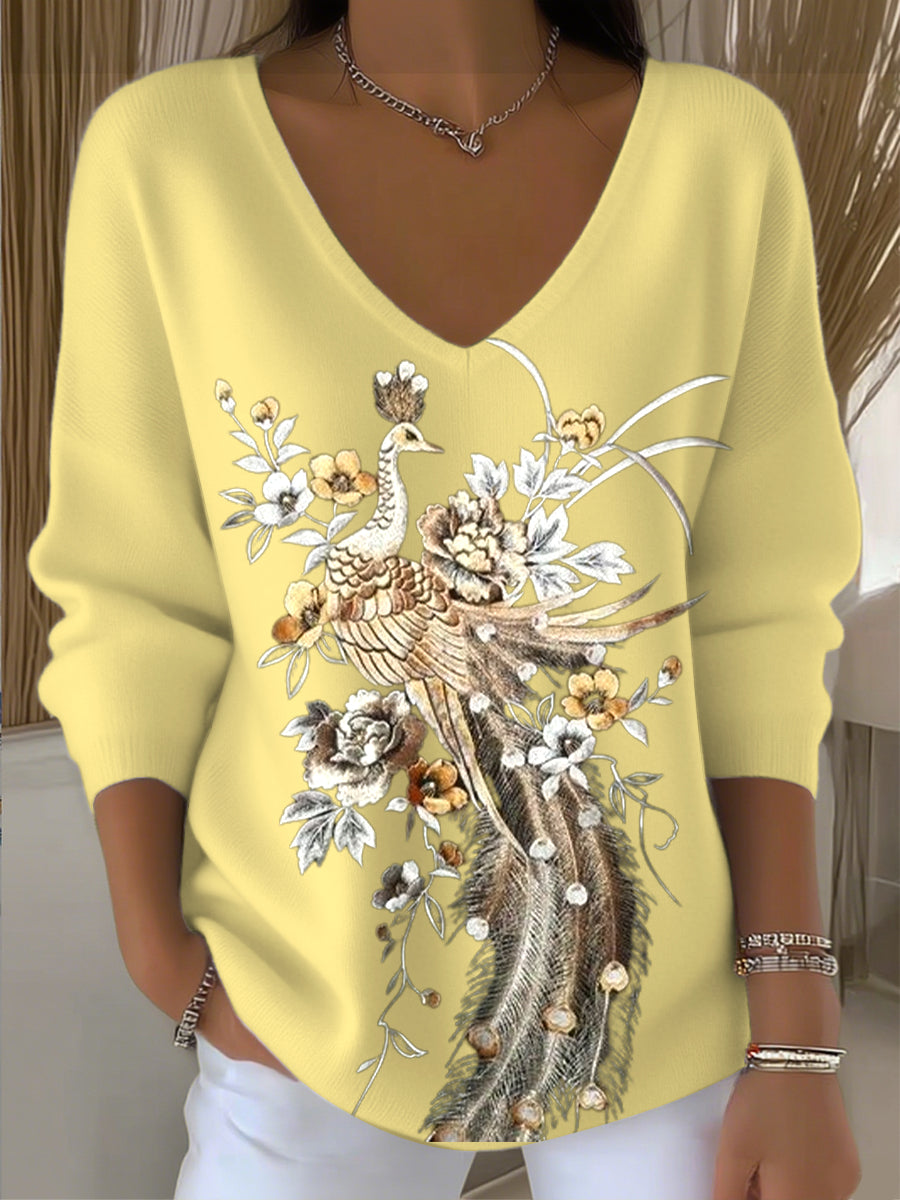 Dámské pávy vyšívané v-neck svetr