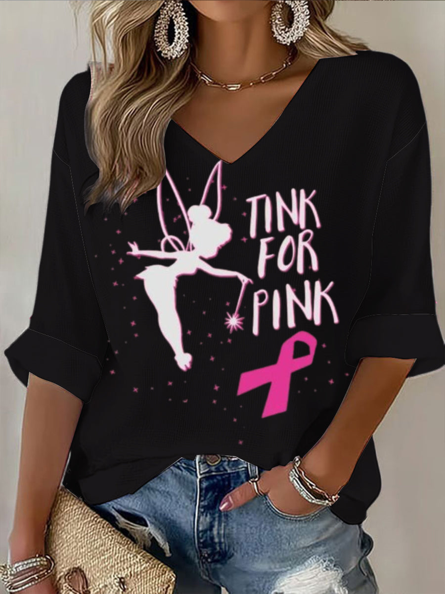 Dámské černé stuhy tištěné v-neck s dlouhými rukávy