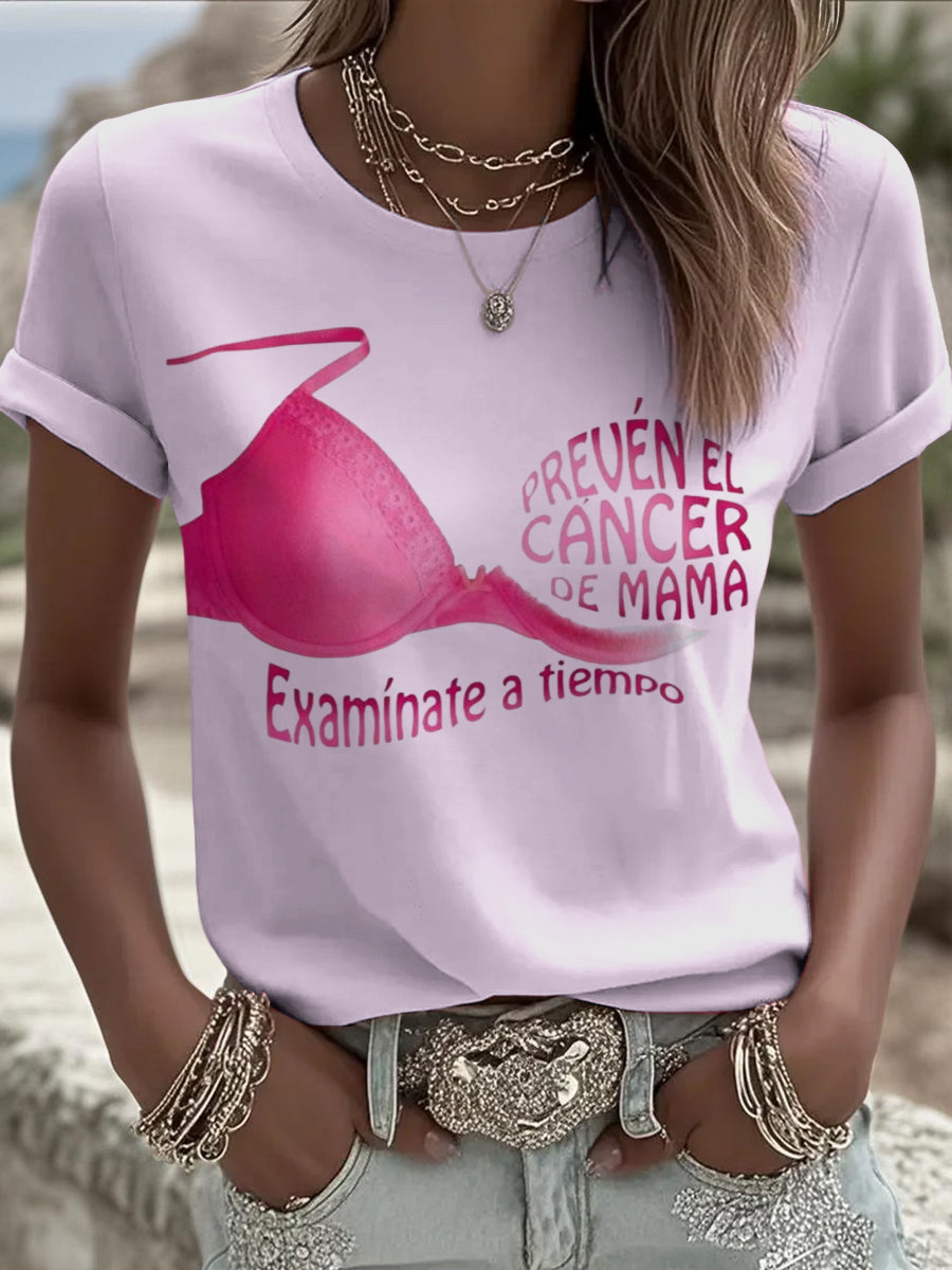 Dámské růžové rakoviny prsu styl casual kolo krku t-shirt