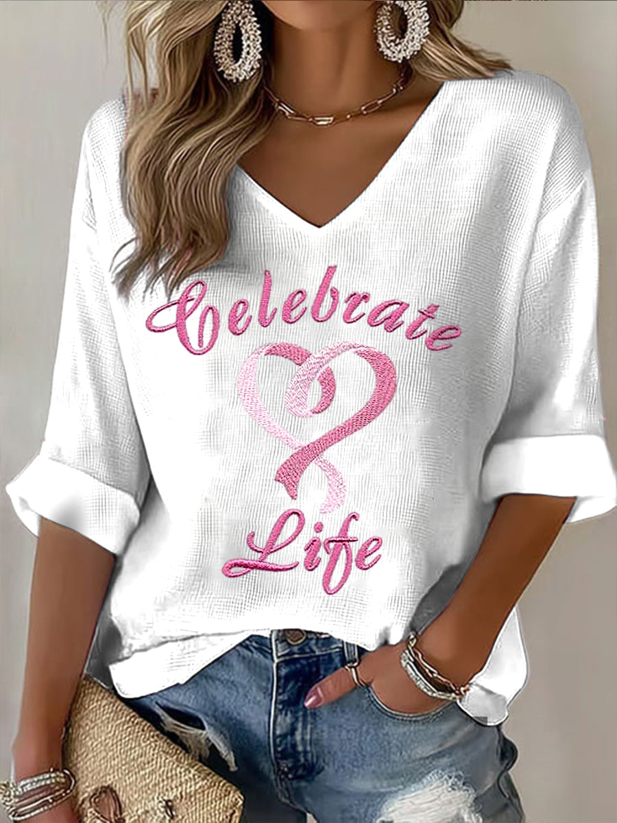 Women's breast cancer awareness casual v-neck top