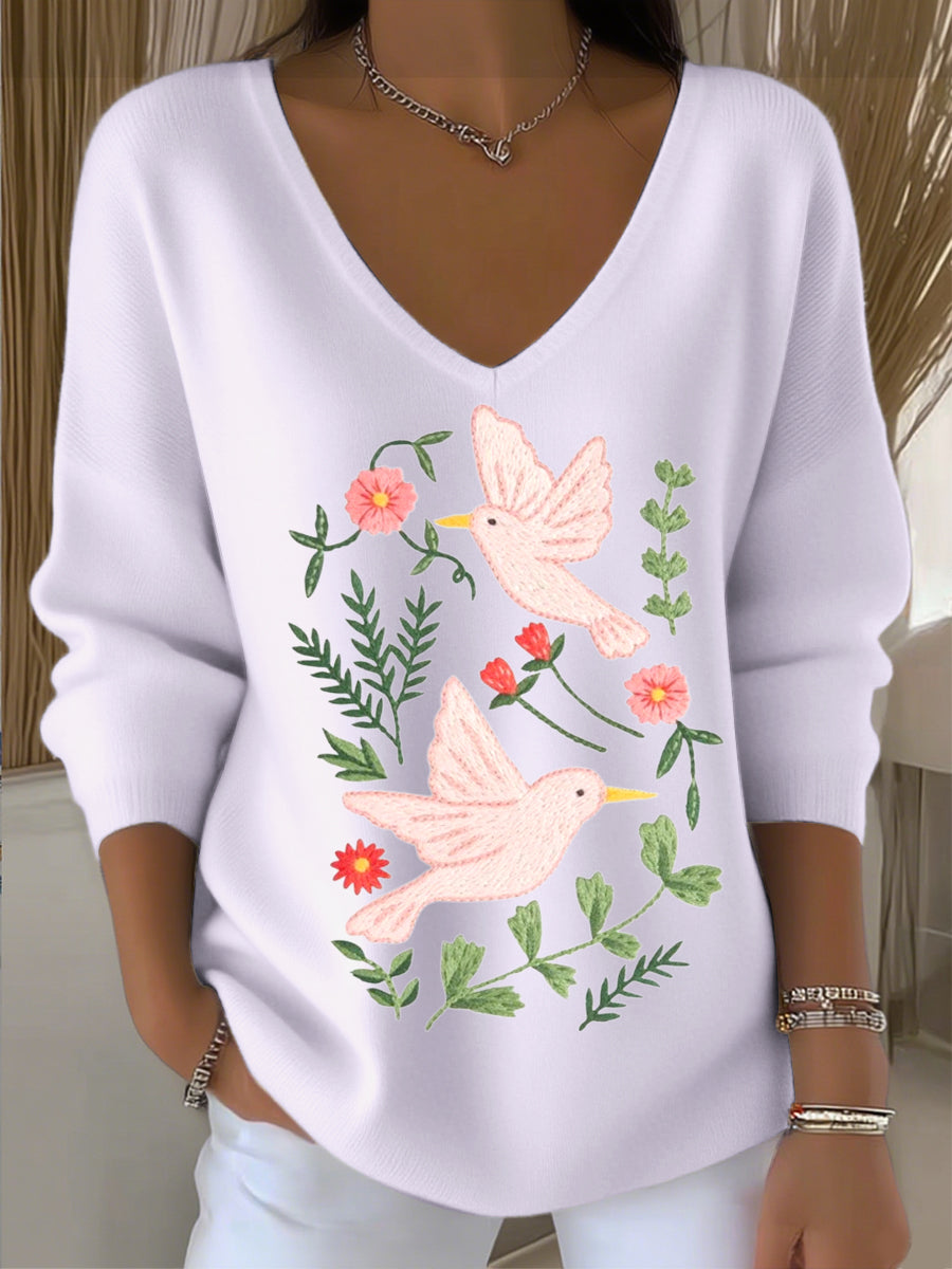 Dámské evropské styl světlé růžové v-neck svetr s krásnou holubní výšivkou moderní a pohodlné vhodné pro každodenní nošení