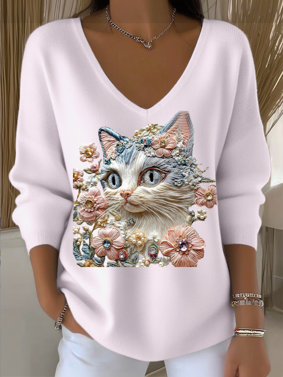 Dámský evropský styl světle růžový v-neck svetr spárovaný s roztomilou kočičí výšivkou módní a teplý vhodný pro