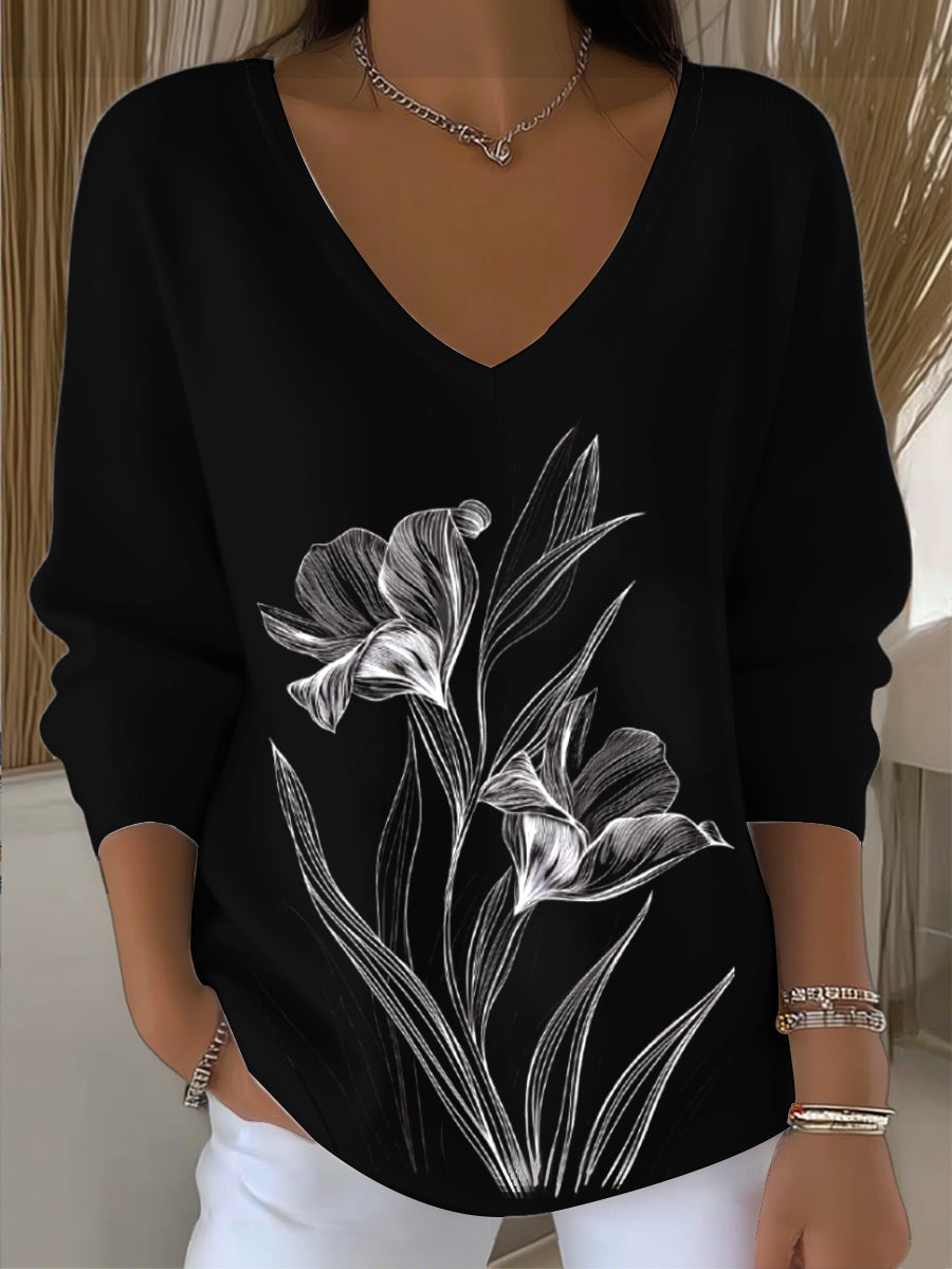 Dámské evropské styl černý v-neck svetr s high-end květinovou výšivkou klasický a pohodlný vhodný pro různé denní scény