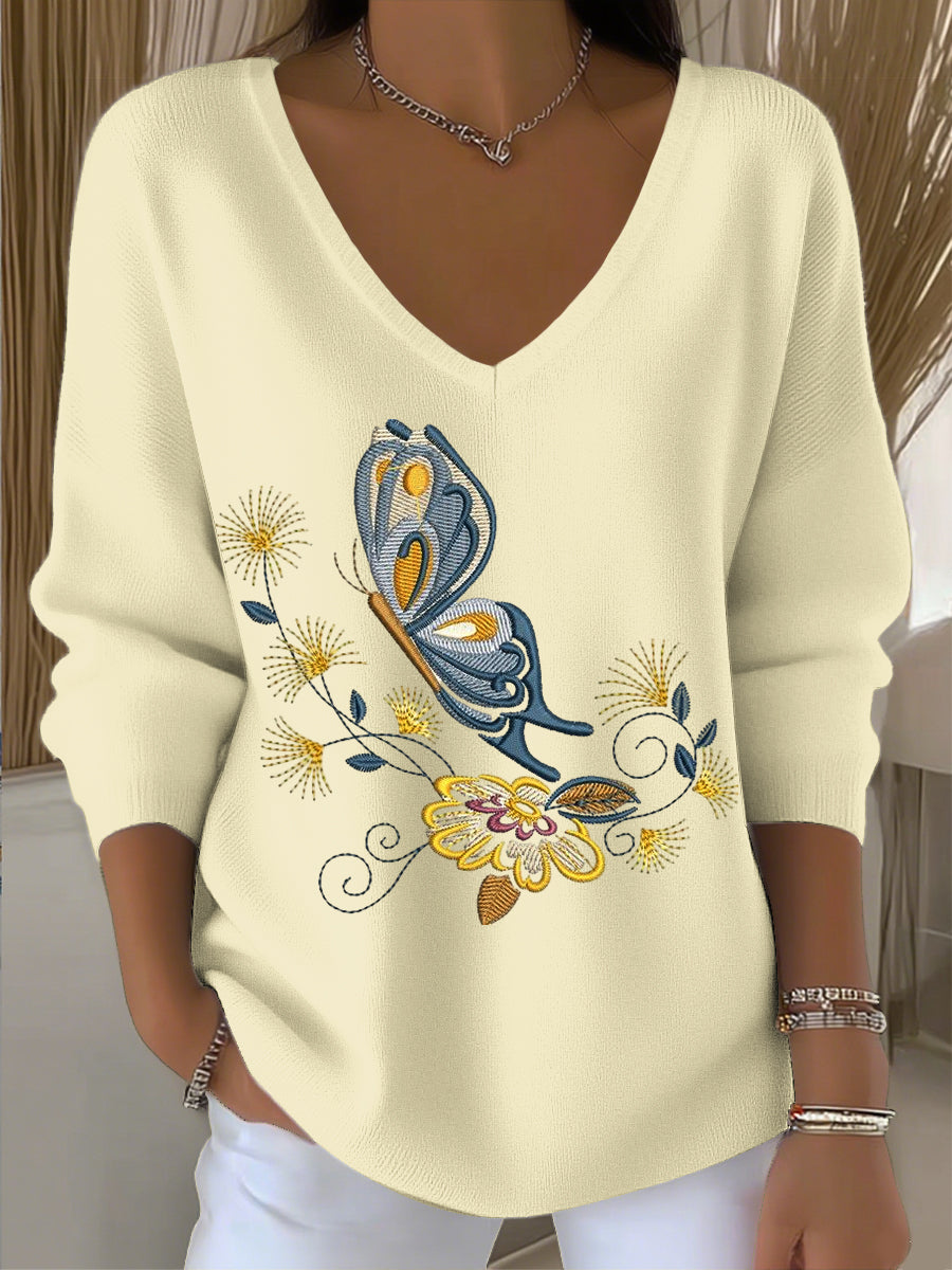 Dámské evropské styl světle žlutý v-neck svetr zdobený roztomilými motýlky a květinovou výšivkou elegantní temperament představující styl v každodenním oblečení