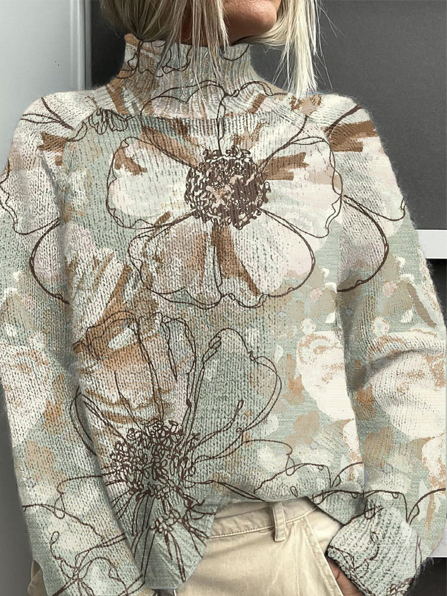 Dámské šedé-zelené květiny s vysokým krkem jumper