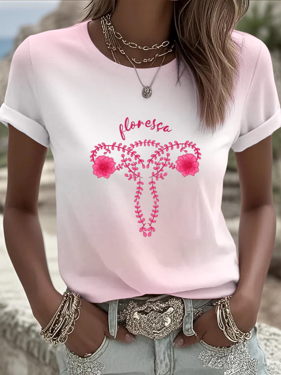 Dámské roztomilé růžovébílé gradient tshirt s jemným "floresa" květinový děloha design