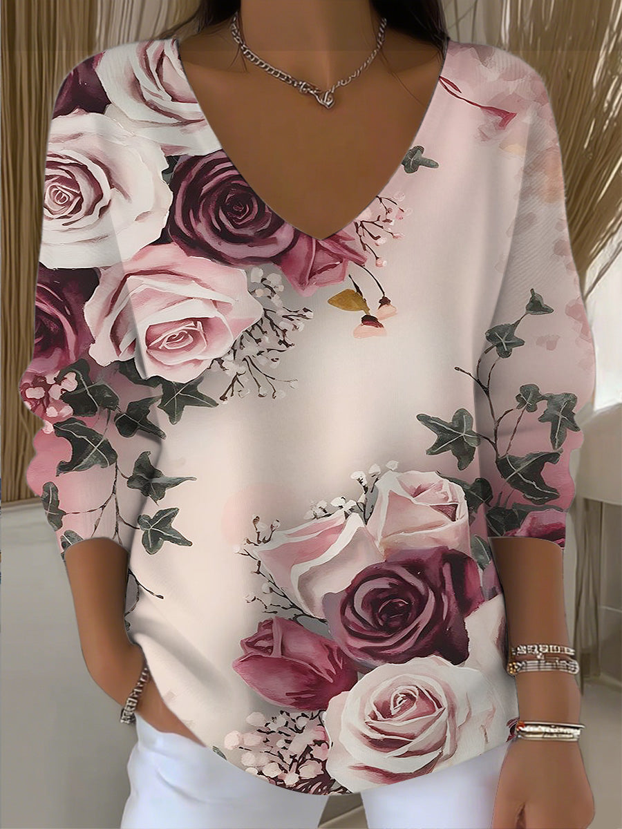 Dámské nádherné růžové tisk růžové vkrk top