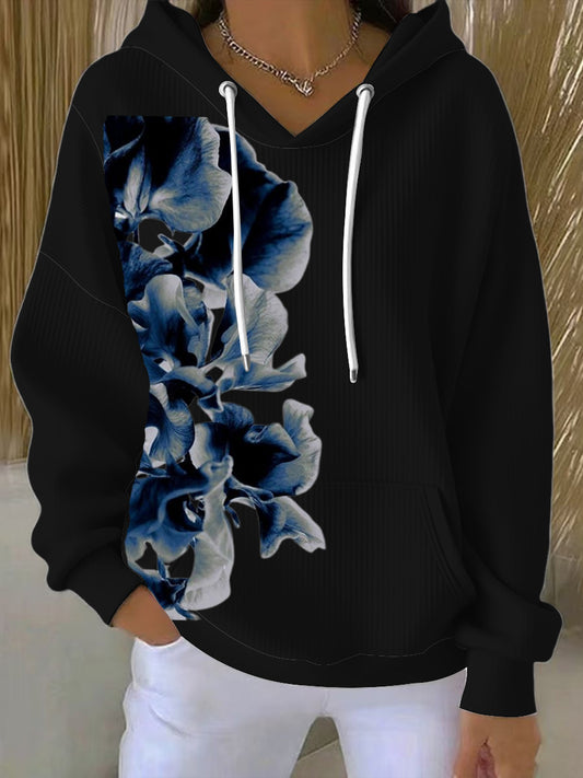 Dámské stylové modré květinové tisk černá mikina