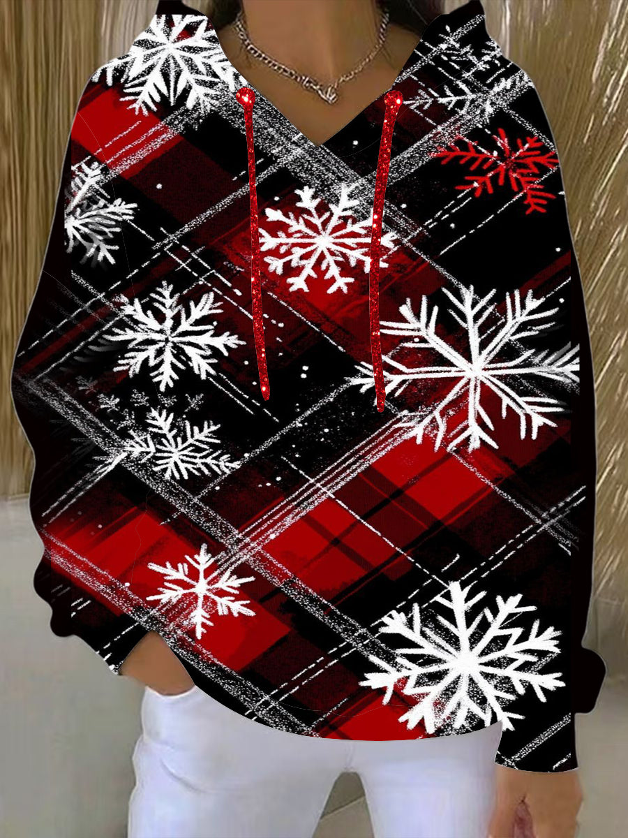 Dámské vánoce cool snowflake print redblack plaid hoodie