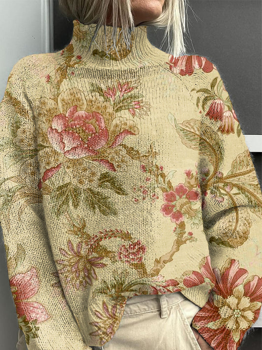 Ženské velbloudbarevné etnické květinové highneck jumper