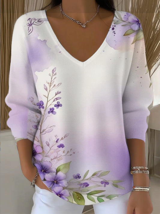 Dámské jemné fialové květinové vneck svetr