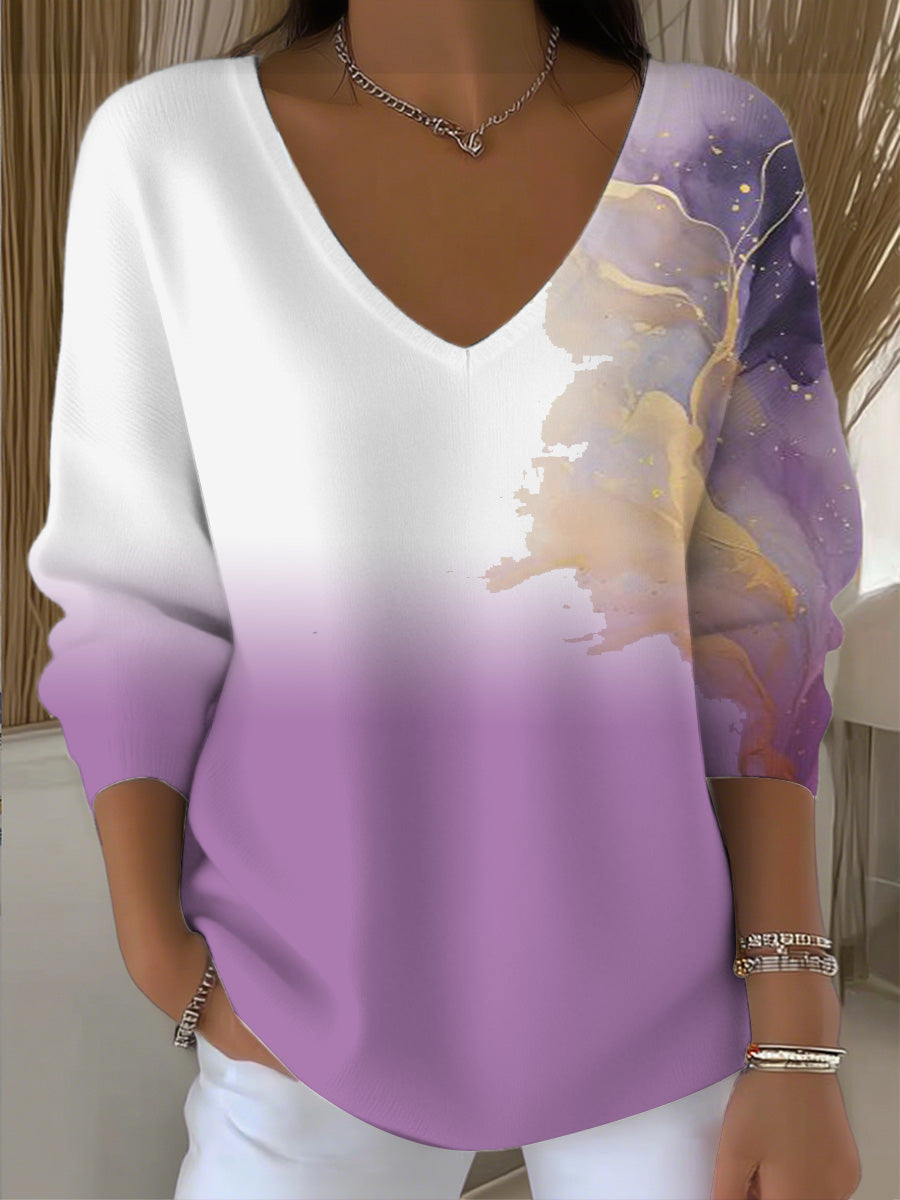 Dámské sny fialově bílý gradient art print vneck svetr