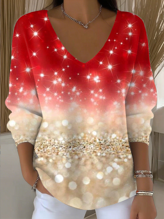 Dámské vintage červené šumivé vneck top pro vánoce