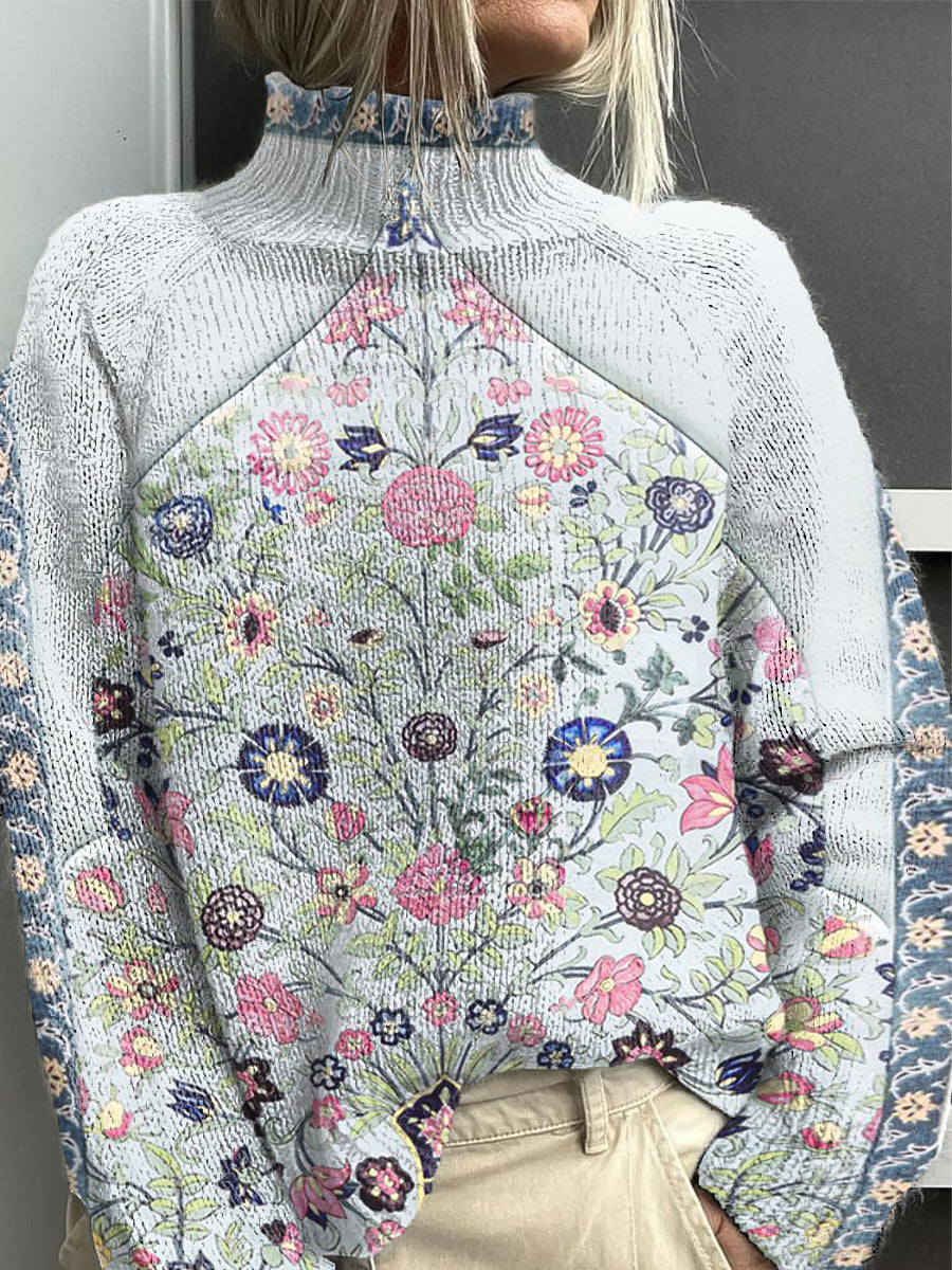 Dámské světle modré tradiční květinové pletené jumper