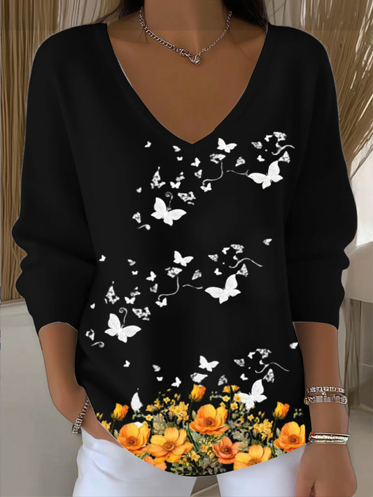 Dámské okouzlující černý motýl & květ vkrk svetr