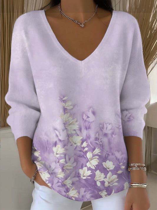 Dámské měkké fialové květinové gradient vneck svetr