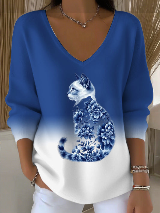 Dámské krásné modré květinové kočky vkrk svetr