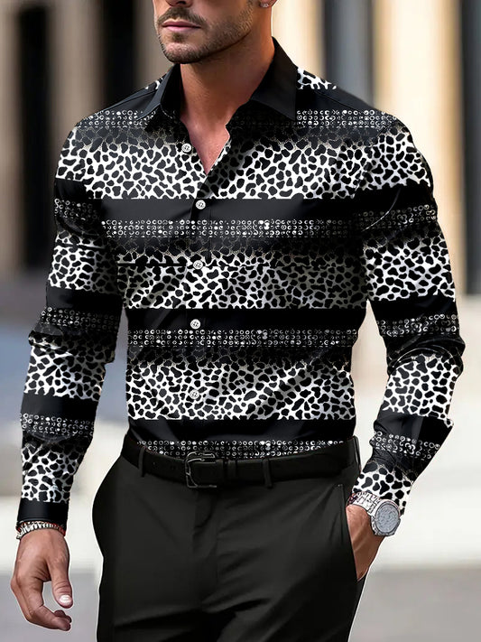 Pánské vintage leopard print patchwork business casual košile